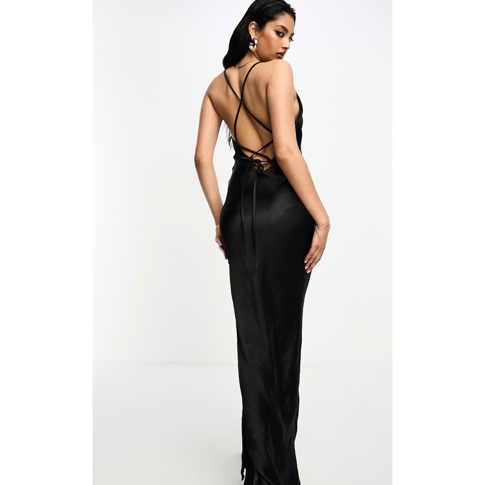 ASOS DESIGN Black Satin Lace Up Back Maxi Slip Dress Square Neck US 6‎ UK 10